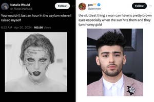 Two side-by-side tweets, left with a drawing of a woman with face tattoos, right showing a photo of Zayn Malik with a focus on his eyes