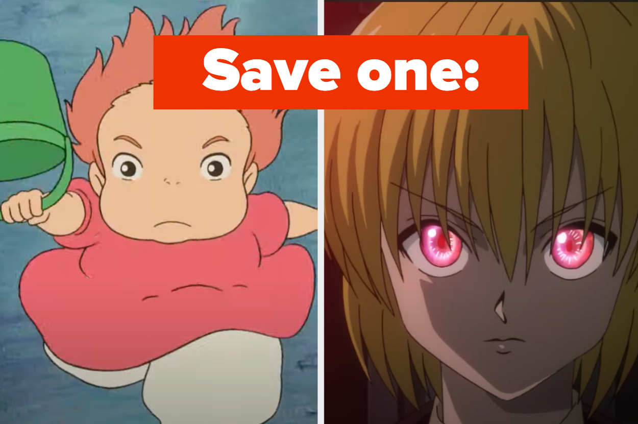 Ponyo from "Ponyo" and El from "Stranger Things" side by side with text "Save one:"