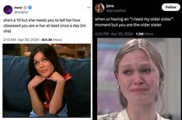 Split-screen memes with text, left shows a woman smiling smugly, right shows a teary-eyed woman