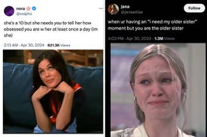 Split-screen memes with text, left shows a woman smiling smugly, right shows a teary-eyed woman