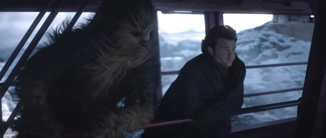 Chewbacca and Han Solo in &quot;Star Wars&quot; peek out of the Millennium Falcon&#x27;s cockpit