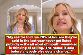 Two images of a woman with blonde hair wearing jewelry, split screen with a quote about real estate sales tactics