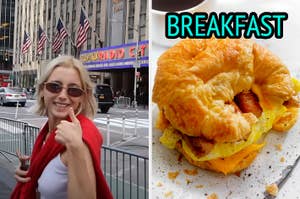 On the left, Emma Chamberlain giving a thumbs up in front of Radio City Music Hall, and on the right, a croissant sandwich labeled breakfast
