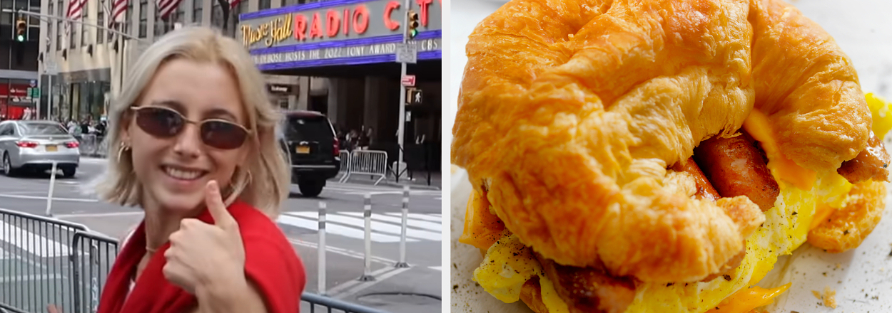 On the left, Emma Chamberlain giving a thumbs up in front of Radio City Music Hall, and on the right, a croissant sandwich labeled breakfast