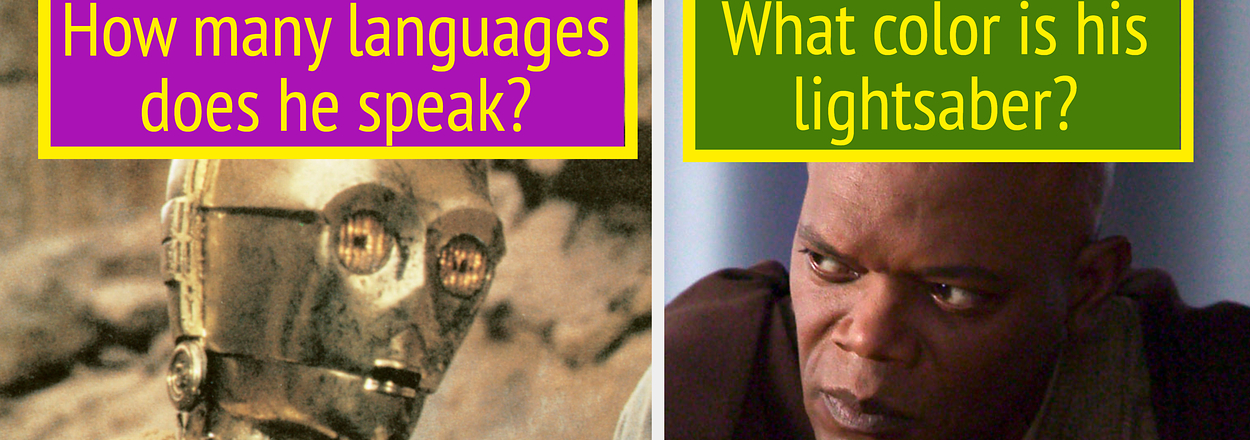 Split image with C-3PO on left with text "How many languages does he speak?" and Mace Windu on right with "What color is his lightsaber?"
