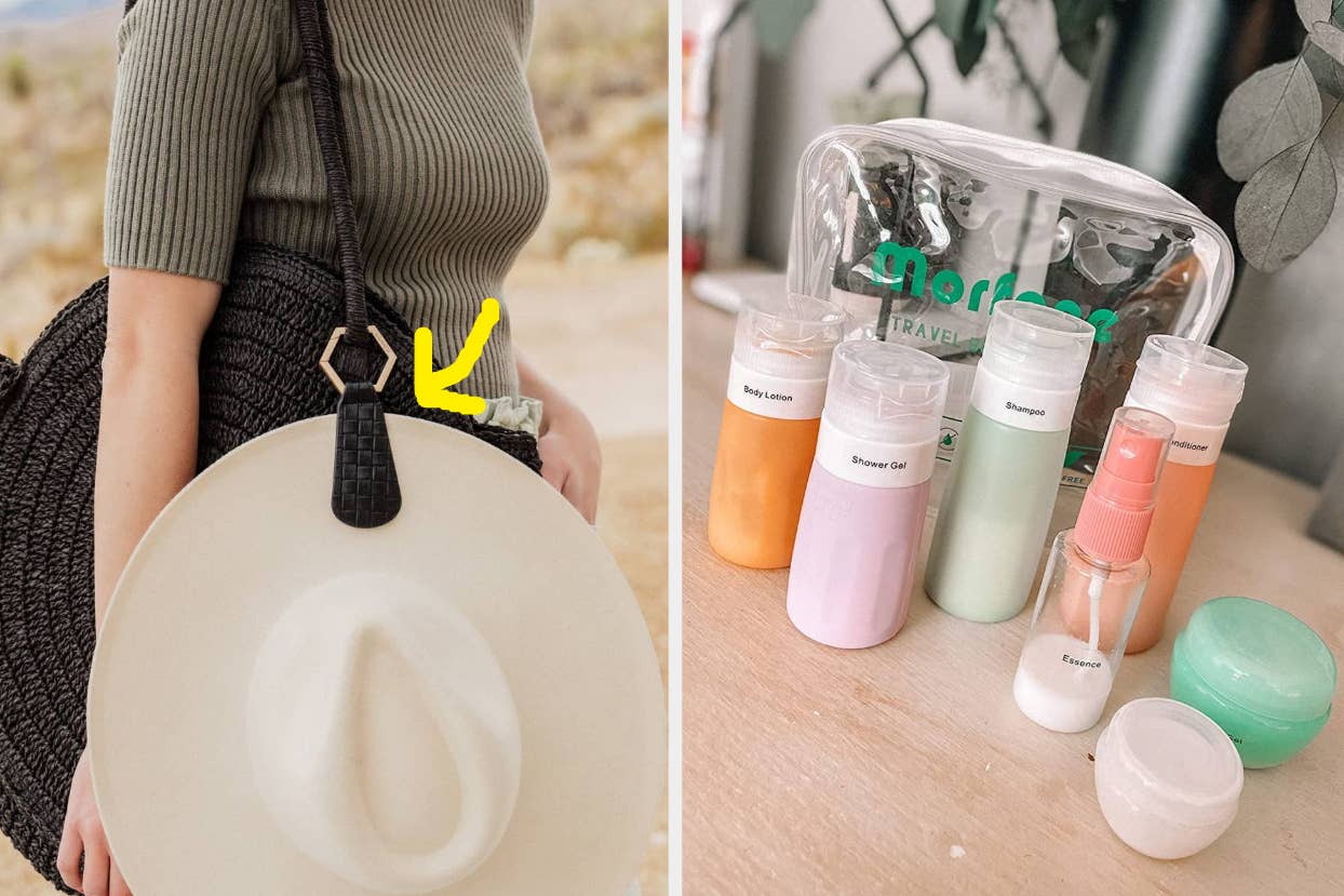 model carrying purse with hat attached via the hat clip / reviewer's silicone travel bottle set