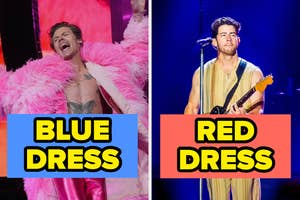 Two side-by-side photos contrasting performers in stage outfits, labeled 'BLUE DRESS' and 'RED DRESS' for an apparent fashion face-off