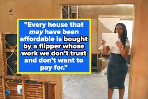 Woman in business attire holding a sign inside an unfinished house with a quote about housing affordability