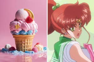 Ice cream in a cone next to scattered candies and animated character Sailor Jupiter looking surprised