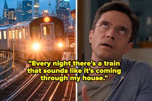 Man looks anxiously at approaching train, accompanied by a caption about nightly train disturbances