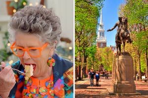 On the left, Prue from The Great British Baking Show eating cake, and on the right, a square in Boston
