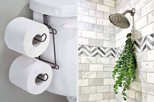 Two images side by side: left shows a toilet paper holder with rolls, right displays a showerhead above hanging greenery