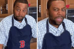 Man in a kitchen wearing an apron with a surprised and then laughing expression