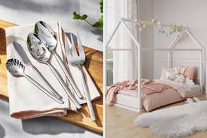 Two images: Left shows a set of silverware on a napkin; right displays a children's bed with a house frame and cozy bedding