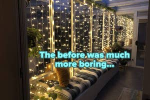 Cozy balcony decor with string lights, cushions on bench, and text overlay summarizing a renovation
