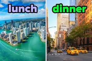 On the left, an aerial view of the coast of Miami labeled lunch, and on the right, taxis on an NYC street labeled dinner