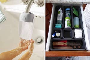 Hand washing under tap with portable device; organized drawer with personal care items. Perfect for decluttering bathroom space
