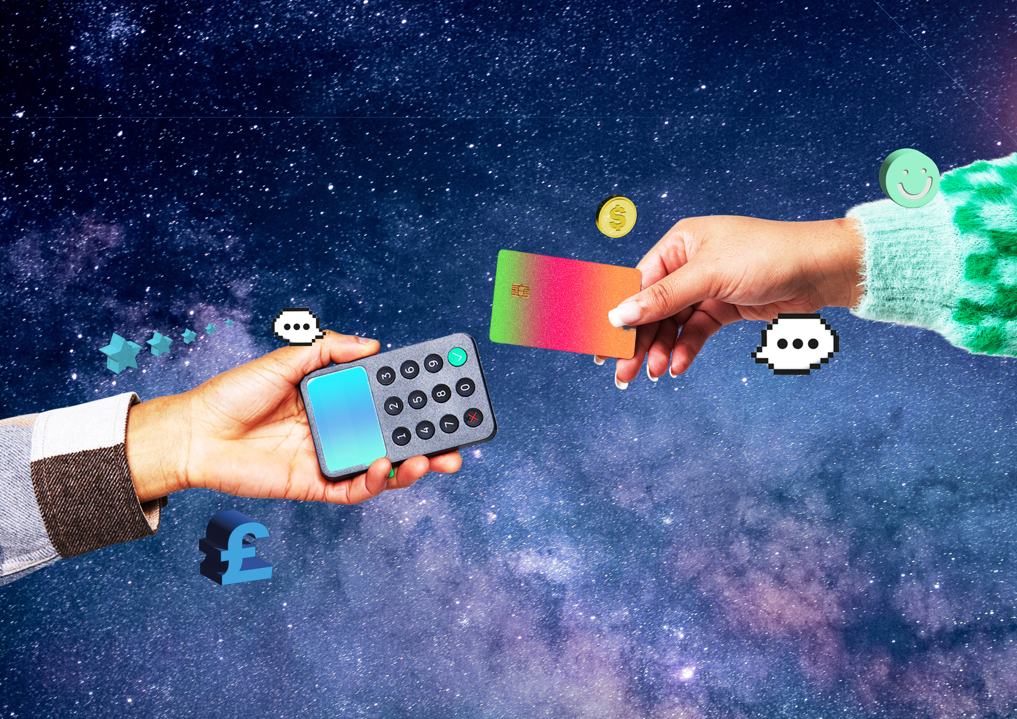 Illustration of two hands exchanging a credit card and phone with various currency symbols against a starry background