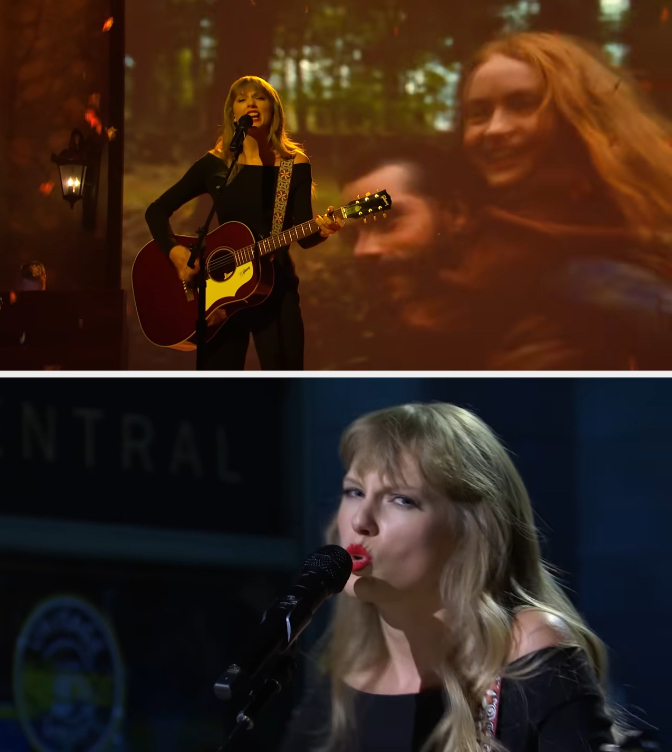 Taylor Swift performs on stage with a guitar; screen behind shows an audience member. Below, she sings into a mic
