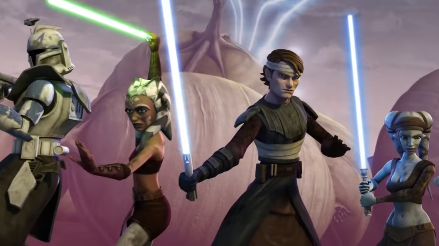 Animated characters Ahsoka Tano, Anakin Skywalker, and Jedi with lightsabers from Star Wars