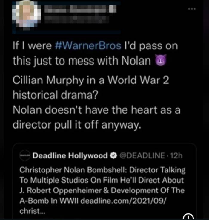 Tweet by Grace Randolph suggesting Cillian Murphy for a WWII historical drama, skeptical about Christopher Nolan directing