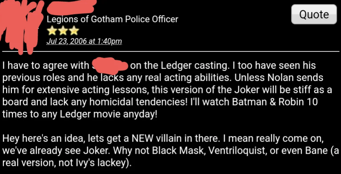 Comment on a forum with a user agreeing on a casting choice and suggesting new villains for future Batman movies