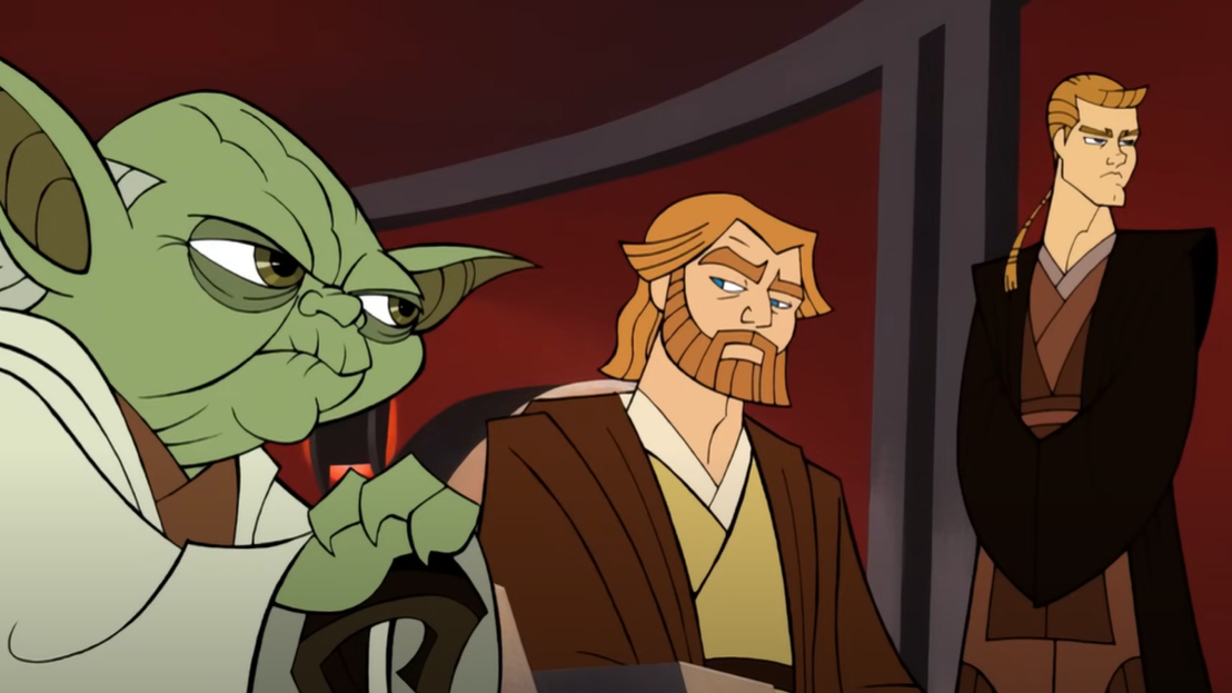 Animated characters Yoda, Obi-Wan Kenobi, and Anakin Skywalker from &quot;Star Wars&quot; in a discussion