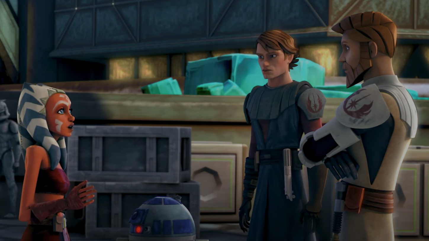 Ahsoka Tano converses with Anakin Skywalker and Padmé Amidala, R2-D2 nearby, in an animated scene