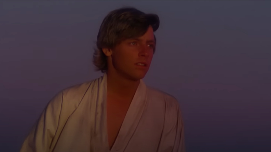 Luke Skywalker looks contemplative against a twilight sky