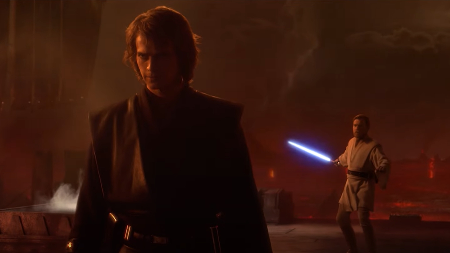 Anakin Skywalker stands looking intense as Obi-Wan Kenobi stands behind him with a blue lightsaber in a tense standoff
