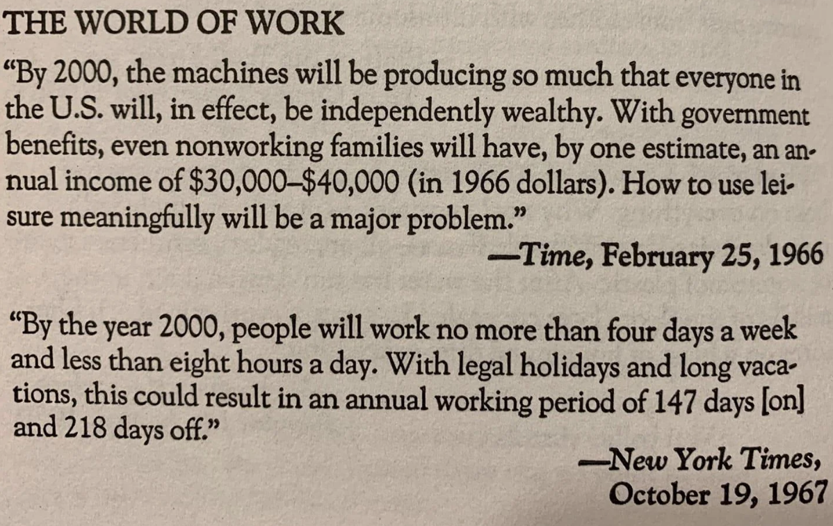 1960s newspaper excerpts predicting future work and leisure with high incomes and shorter work weeks from Time and New York Times