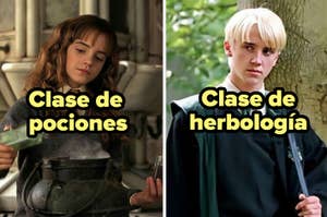 Hermione en clase de pociones y Draco en clase de herbología de Harry Potter
