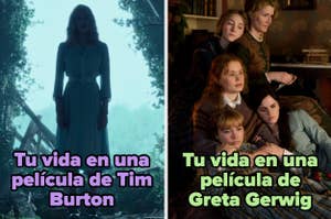 Meme con dos paneles, el izquierdo con figura sombreada y texto "Tu vida en una película de Tim Burton", y el derecho con cuatro mujeres sentadas y texto "Tu vida en una película de Greta Gerwig"