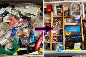Before and after of a cluttered drawer organized with dividers