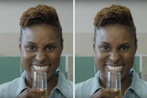 Issa Rae smiling, holding a champagne flute
