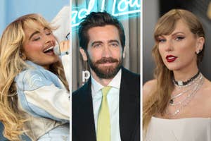 Three separate images of celebrities: a woman singing, a man in a suit, and a woman with red lipstick