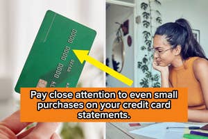 Split image: Left shows a hand holding a credit card, right shows a woman reviewing financial documents