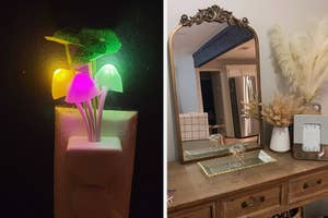 BuzzFeed editor's plug-in mushroom light / reviewer's baroque mirror on a console table