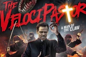 Movie poster of "The VelociPastor," featuring a priest and dinosaur imagery with action elements