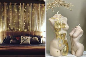 reviewer's curtain fairy lights / two Venus de Milo torso candle with gold accents