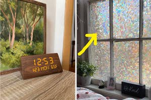 reviewer's wooden alarm clock / reviewer's rainbow film installed on window