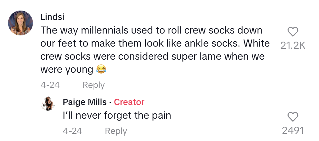 A screenshot of social media comments where Lindsi reminisces about millennial sock trends and Paige Mills, marked as the creator, replies humorously