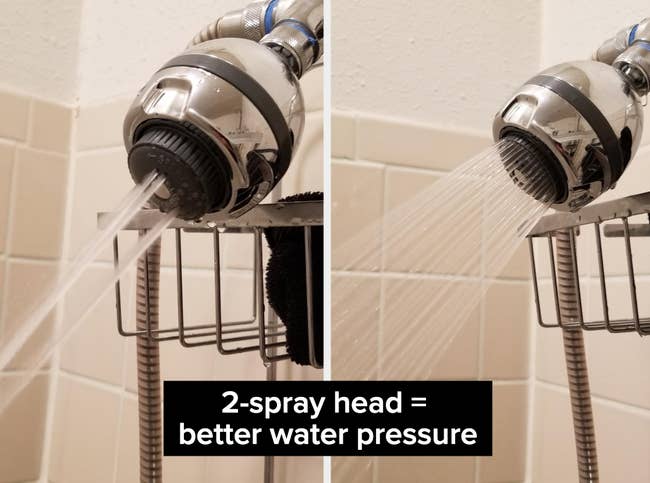  a reviewer's showerhead comparison showing single vs. dual spray setting for improved water pressure