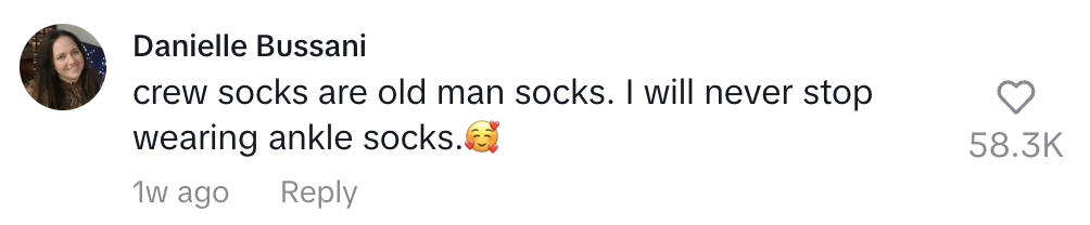 Comment by Danielle Bussani stating preference for ankle socks over crew socks, with positive engagement