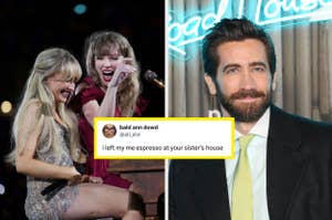 Two photos: Left shows Taylor Swift singing with artist onstage, right is Jake Gyllenhaal in suit at event. Text bubble: humorous misspelled tweet