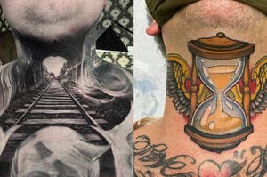 Two images side by side, the left shows a black and white tattoo of train tracks on a neck, the right is a colorful hourglass tattoo on a neck