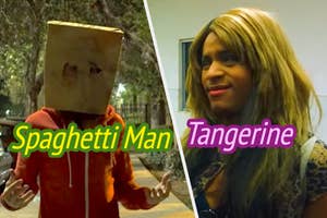 A man wearing a paper bag over his head labeled "Spagetti Man" and a woman looking annoyed labeled "Tangerine."