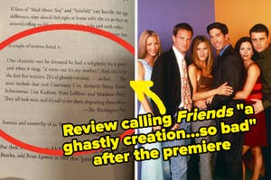 Review calling Friends premiere "a ghastly creation...so bad" with a photo of the cast