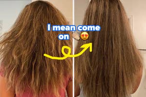 Before and after photos of person's hair, left frizzy, right smooth "I mean come on"