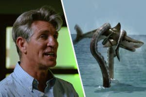 Split image: Left, a man in a striped shirt smiling; Right, a scene of a shark leaping out of water being attacked by an octopus.
